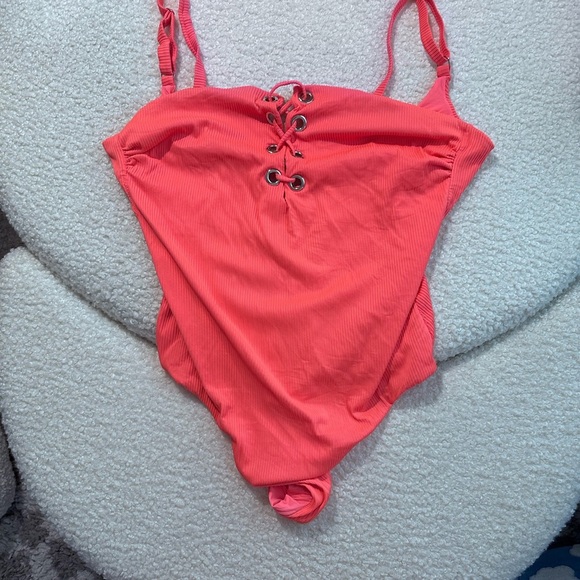 Plus Size 3X Rue21 Coral/ Orange Lace-Up One Piece Swimsuit - Picture 1 of 4